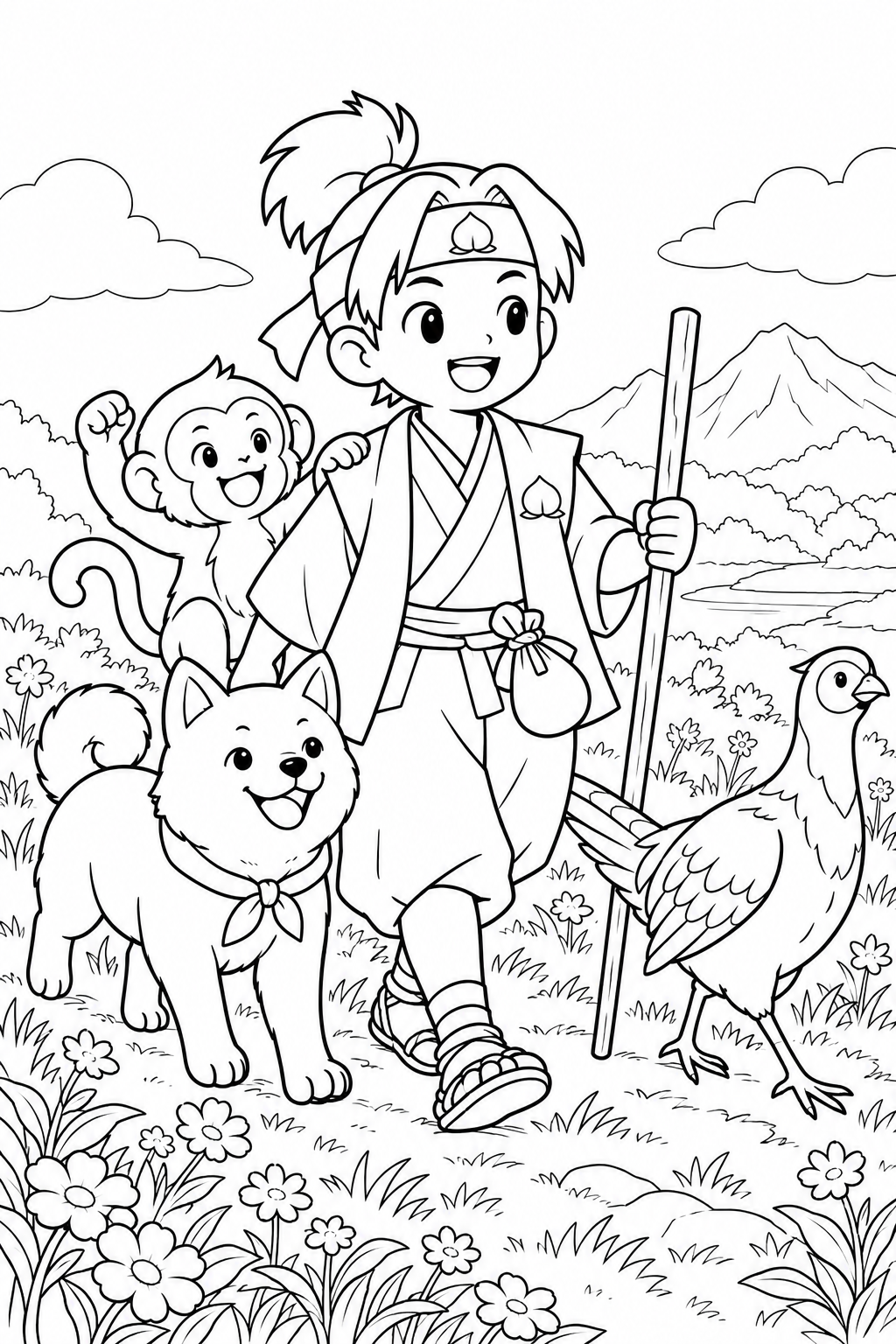 ほっこり桃太郎:桃太郎一行の野原さんぽの塗り絵
