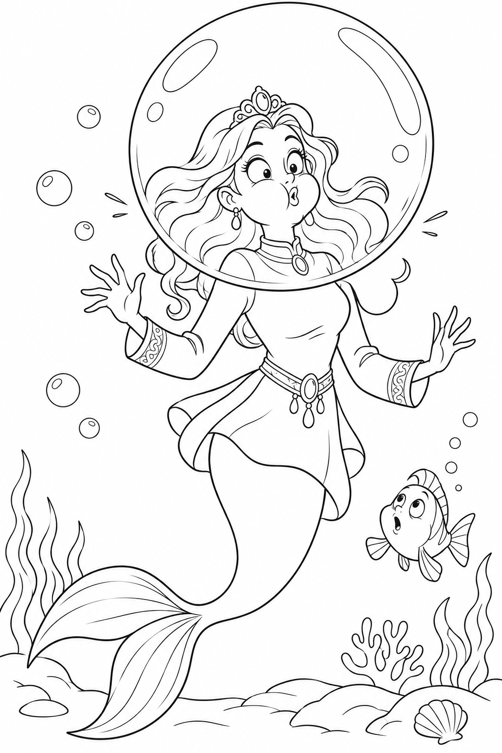 人魚姫:ふくらませすぎた大きな泡の塗り絵