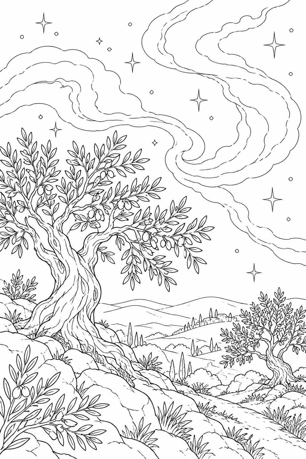 オリーブの丘と星雲のゆらめきの塗り絵