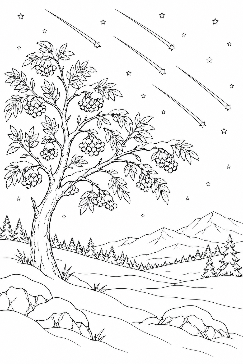 雪原のナナカマドと流星群の塗り絵