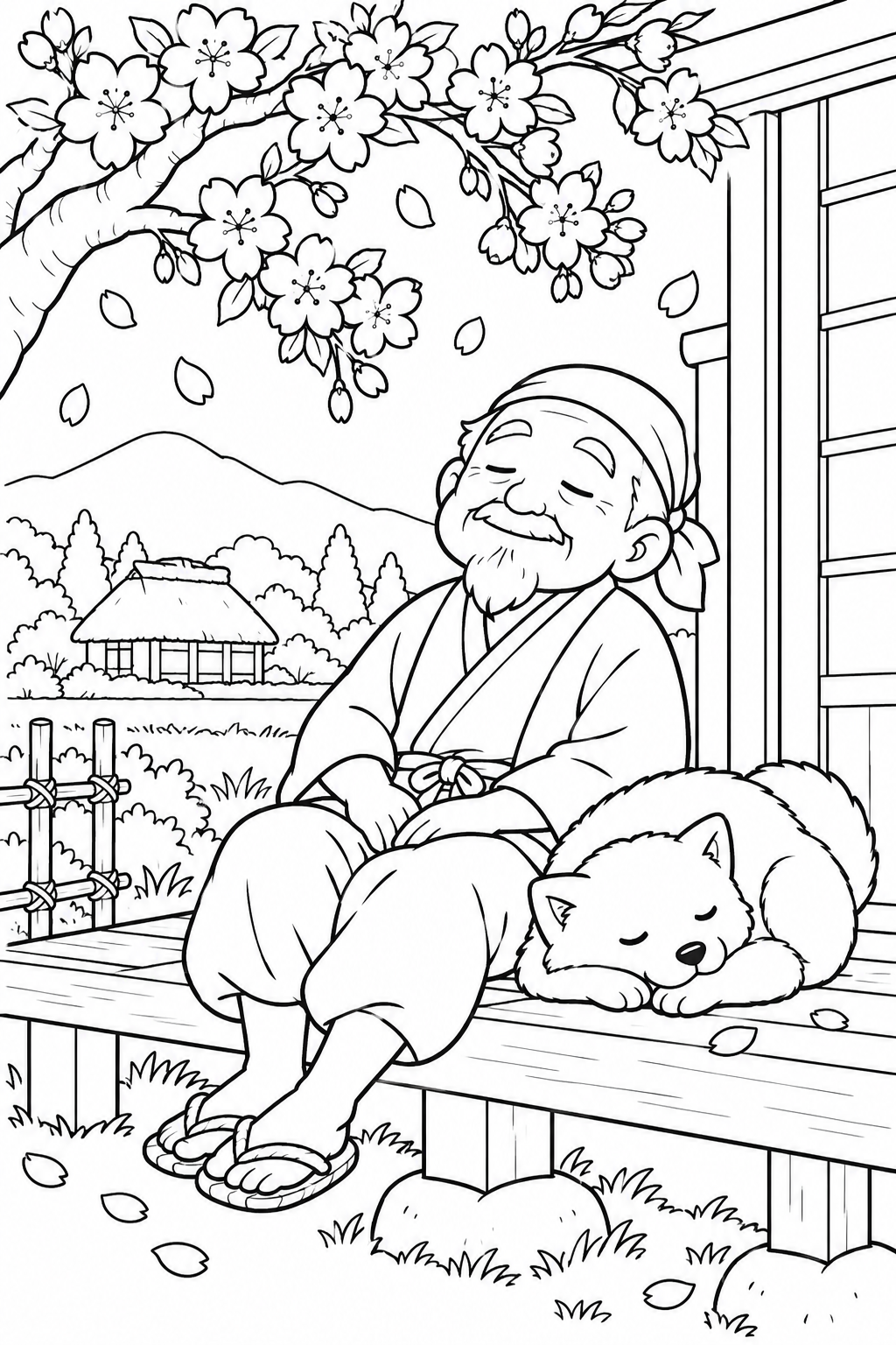 はなさかおじさん:白い犬と縁側のうたた寝(ほっこり)の塗り絵