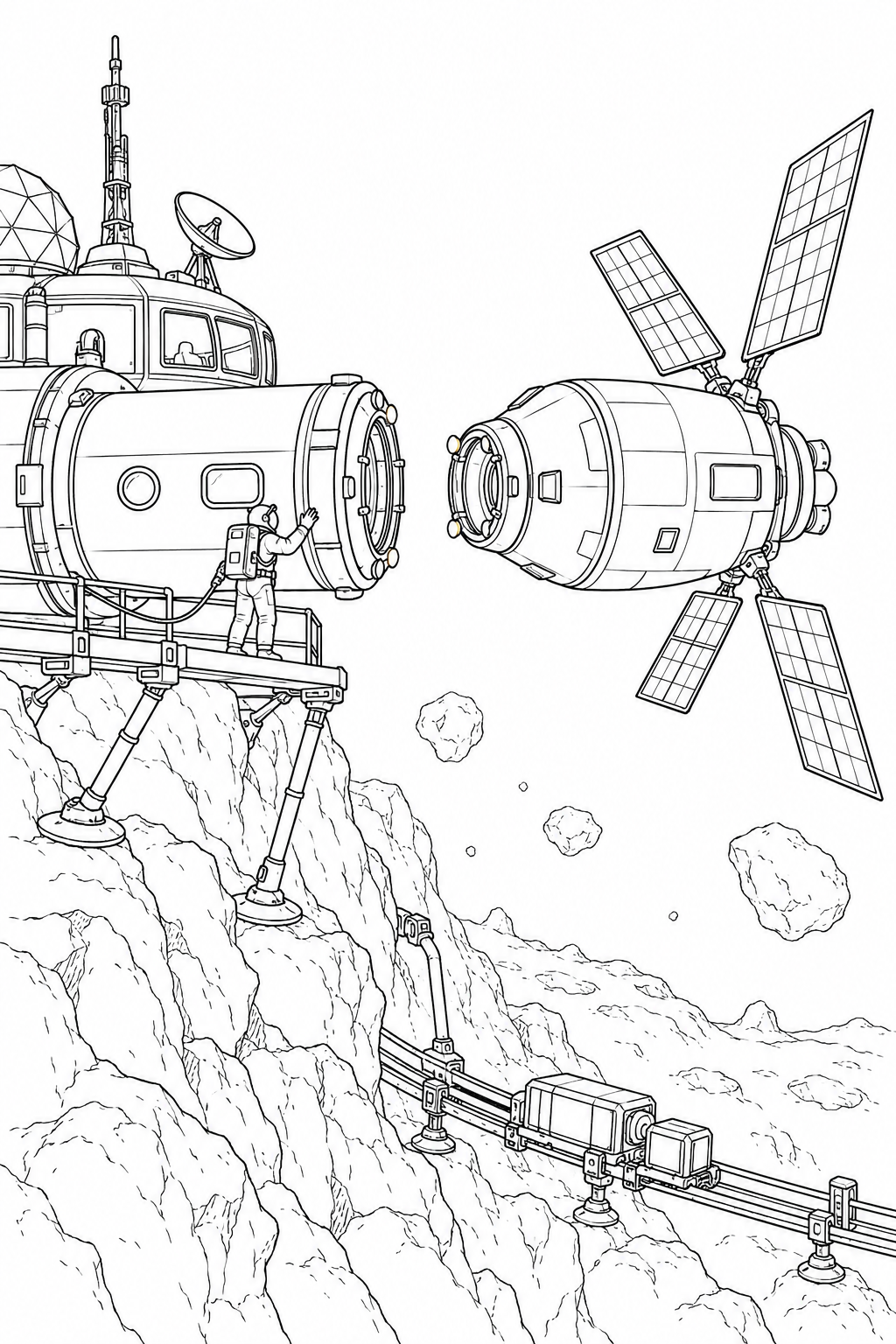 小惑星の岩山基地:補給船のドッキングの塗り絵