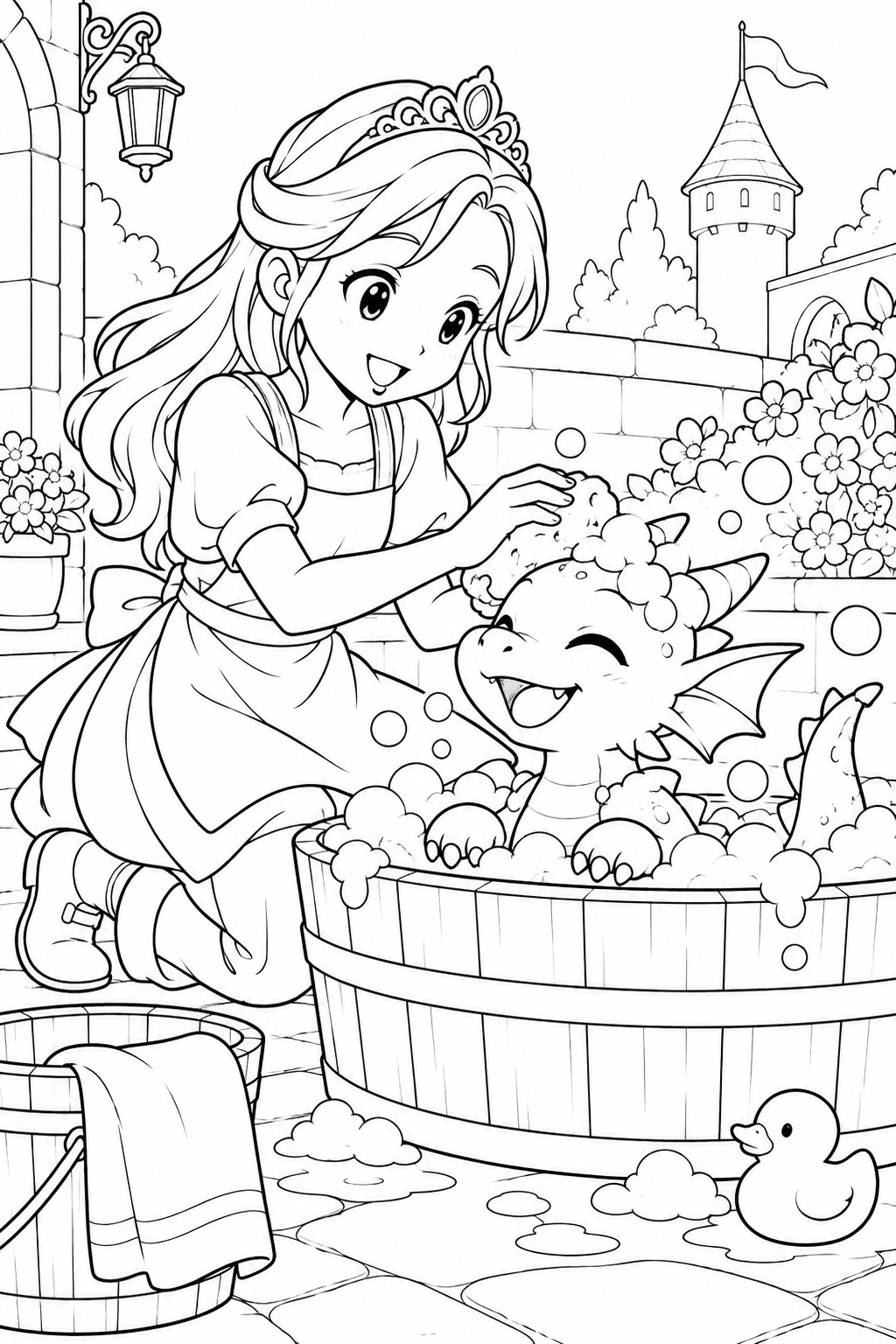 お姫さまとドラゴンのおふろの塗り絵