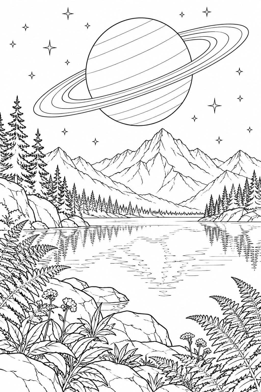 高山湖とシダと環のある惑星の塗り絵