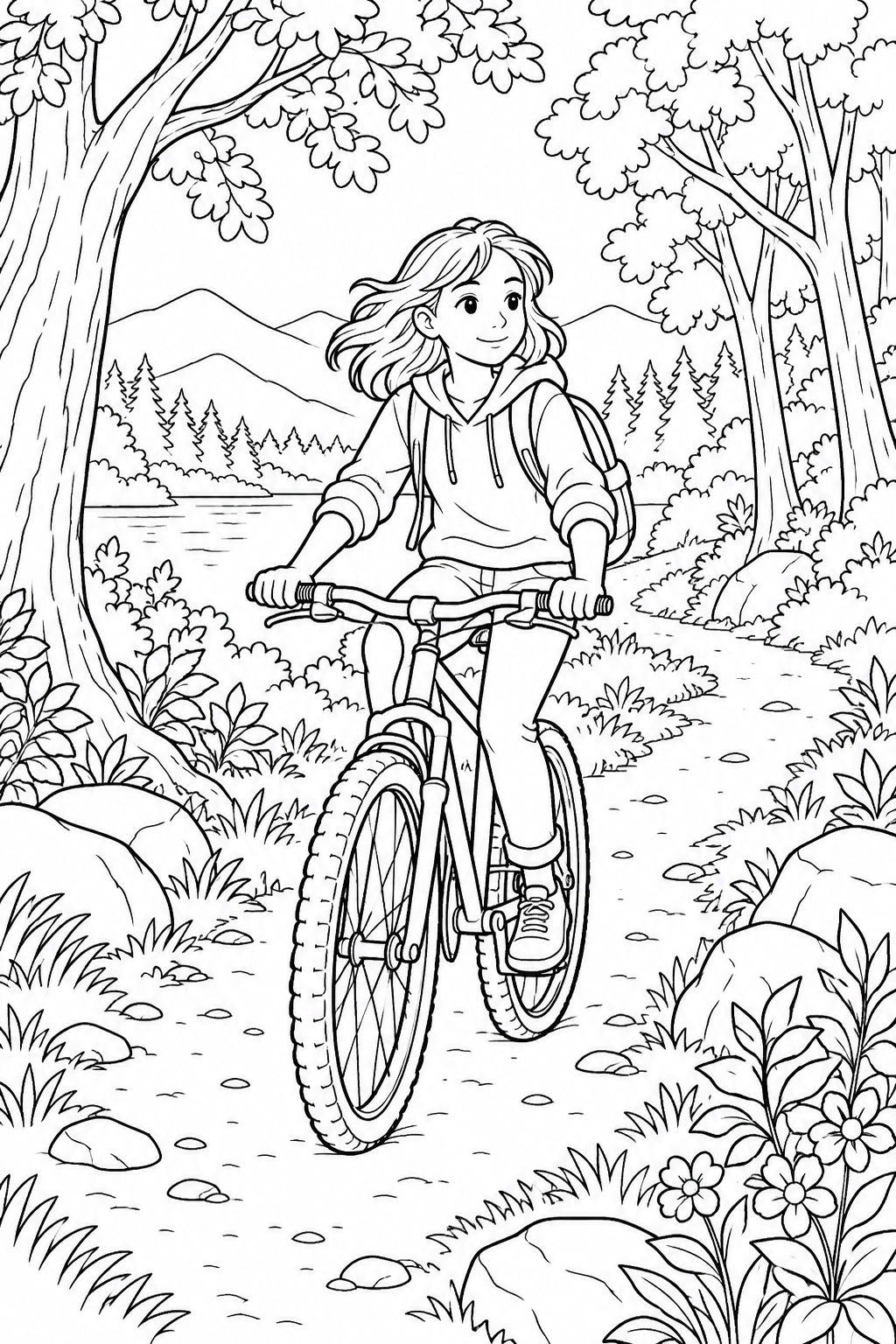 森の道を自転車で進む学生の塗り絵
