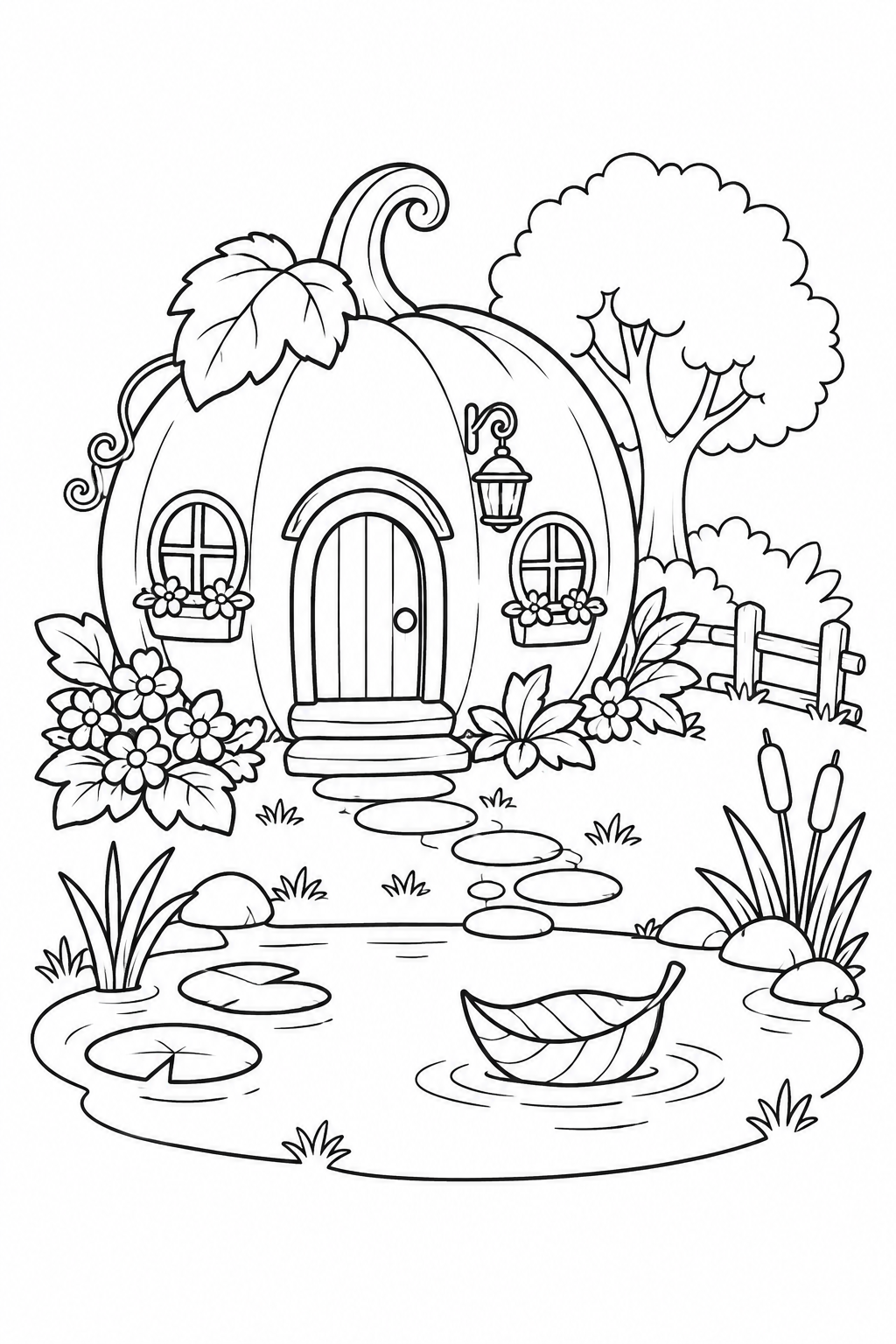 かぼちゃのおうちの池の庭の塗り絵