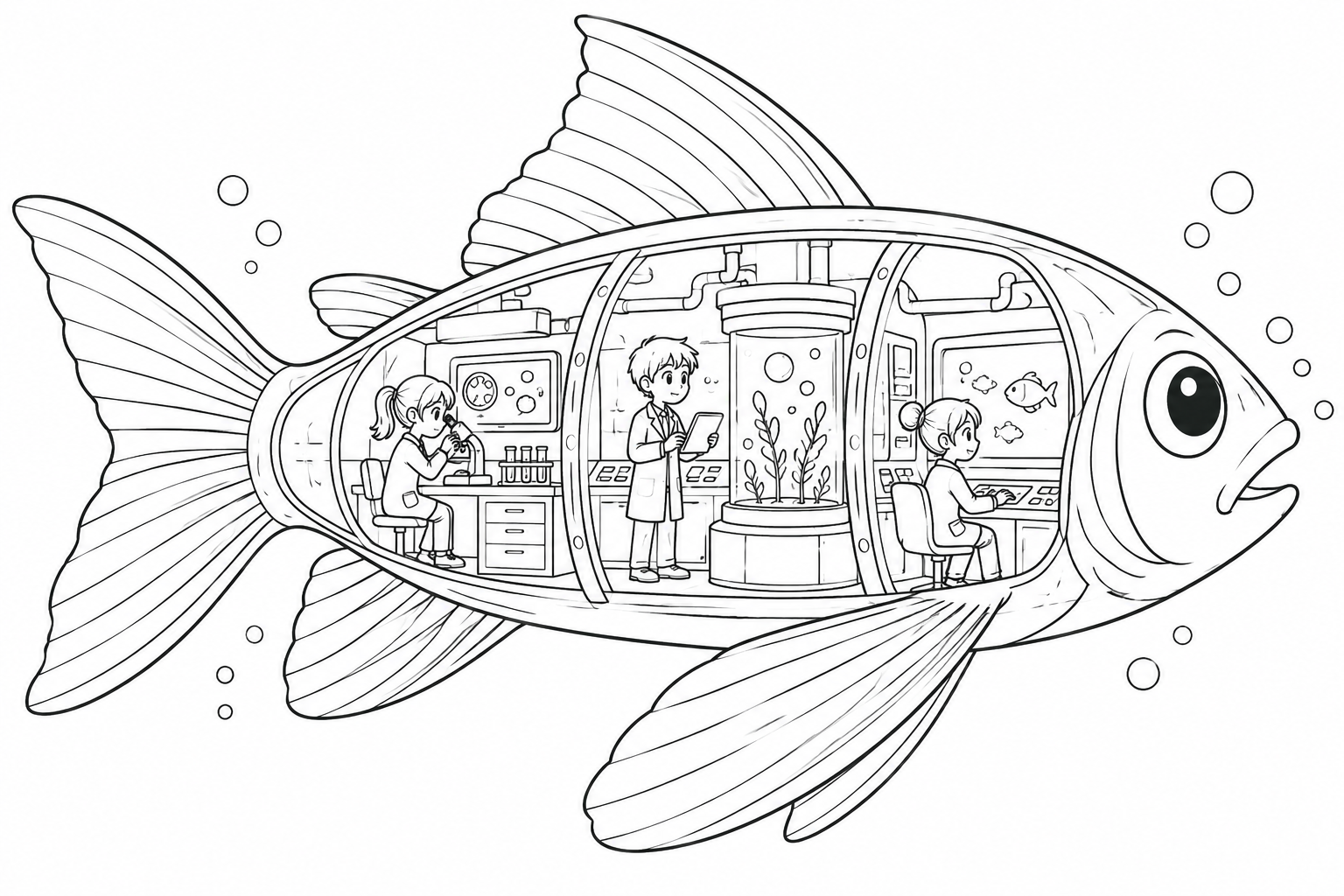 Dibujo de Laboratorio dentro de un pez transparente para colorear