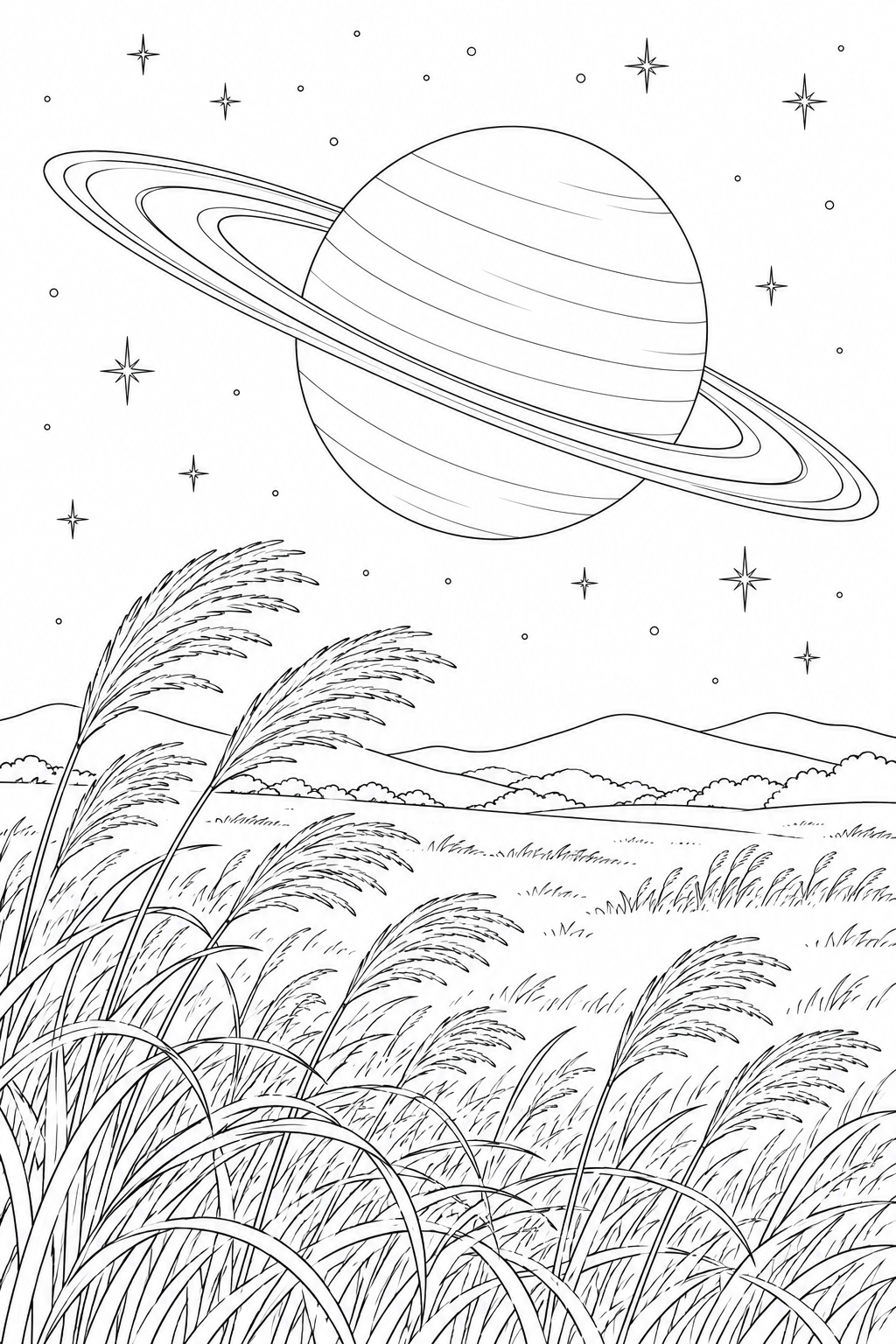ススキの草原と環のある惑星の塗り絵
