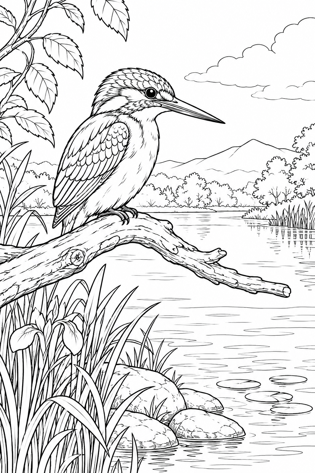 Coloriage Scène de nature : Martin-pêcheur et branche au bord de l'eau