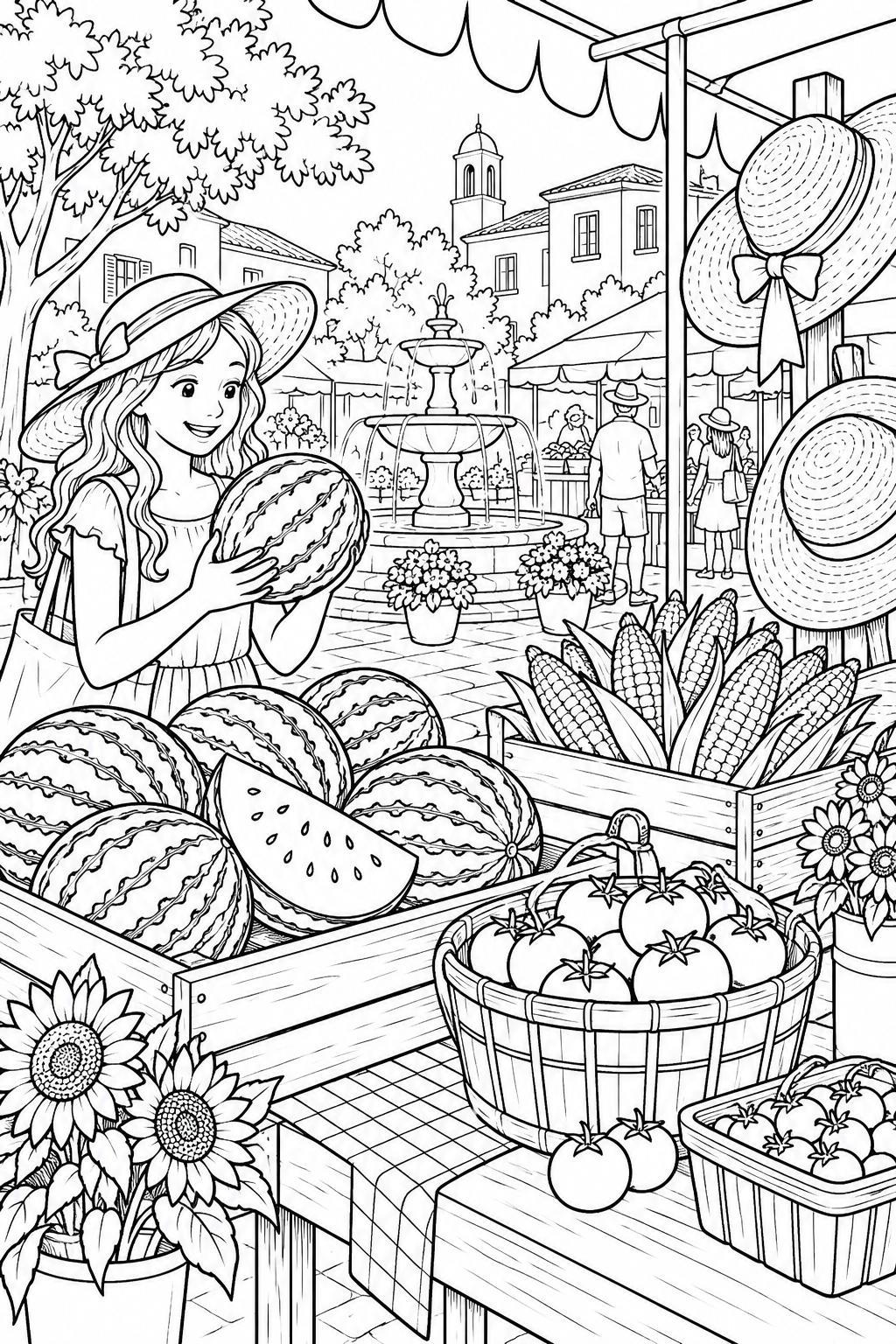 Dibujo de Mercado de temporada en la plaza — verano para colorear