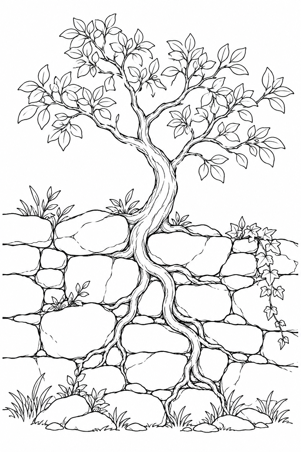 Dibujo de Arbolito enraizado en un muro de piedra para colorear