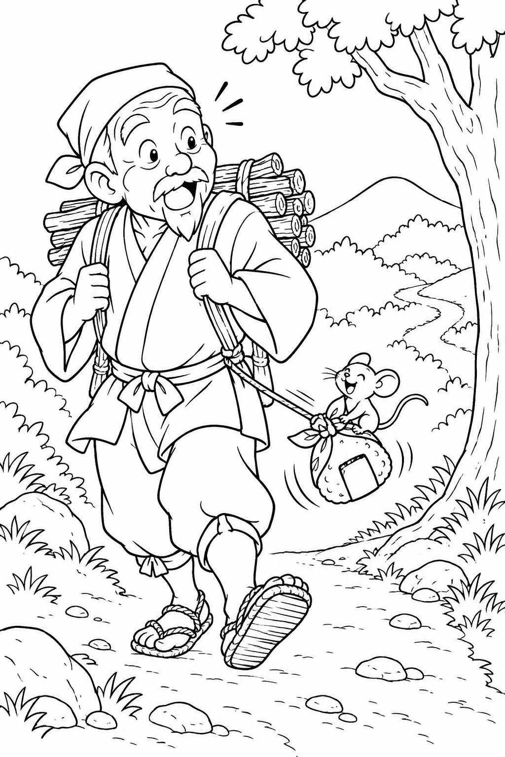 おむすびころりん・ギャグ:山へ向かうおじいさんの塗り絵