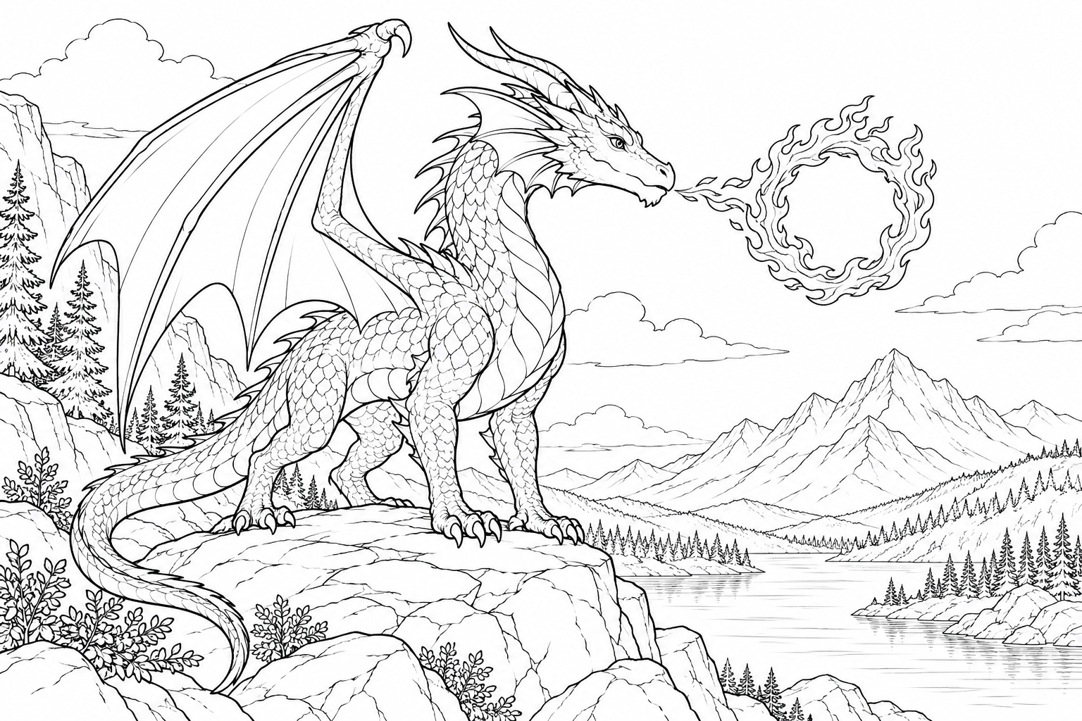 Dibujo de Dragón soplando un pequeño anillo de fuego para colorear