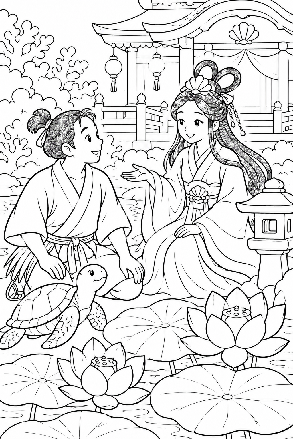 浦島太郎：竜宮城の夏の庭（ほっこり）の塗り絵