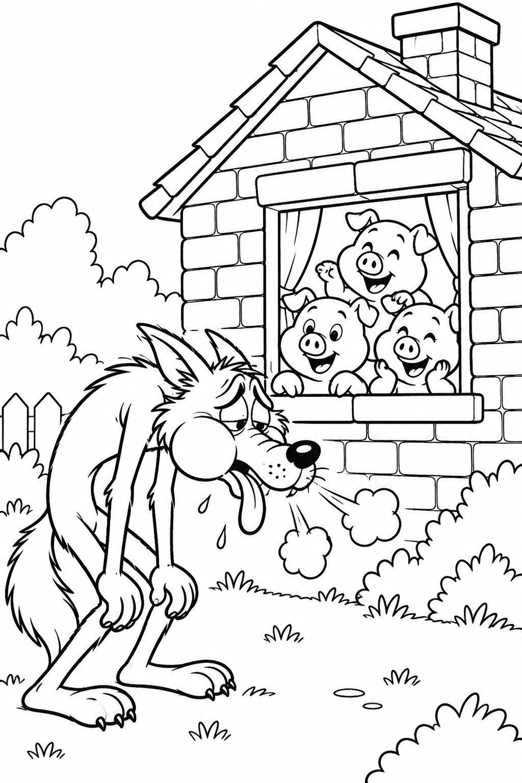 Coloriage Les Trois Petits Cochons: Le loup est essoufflé avant de souffler