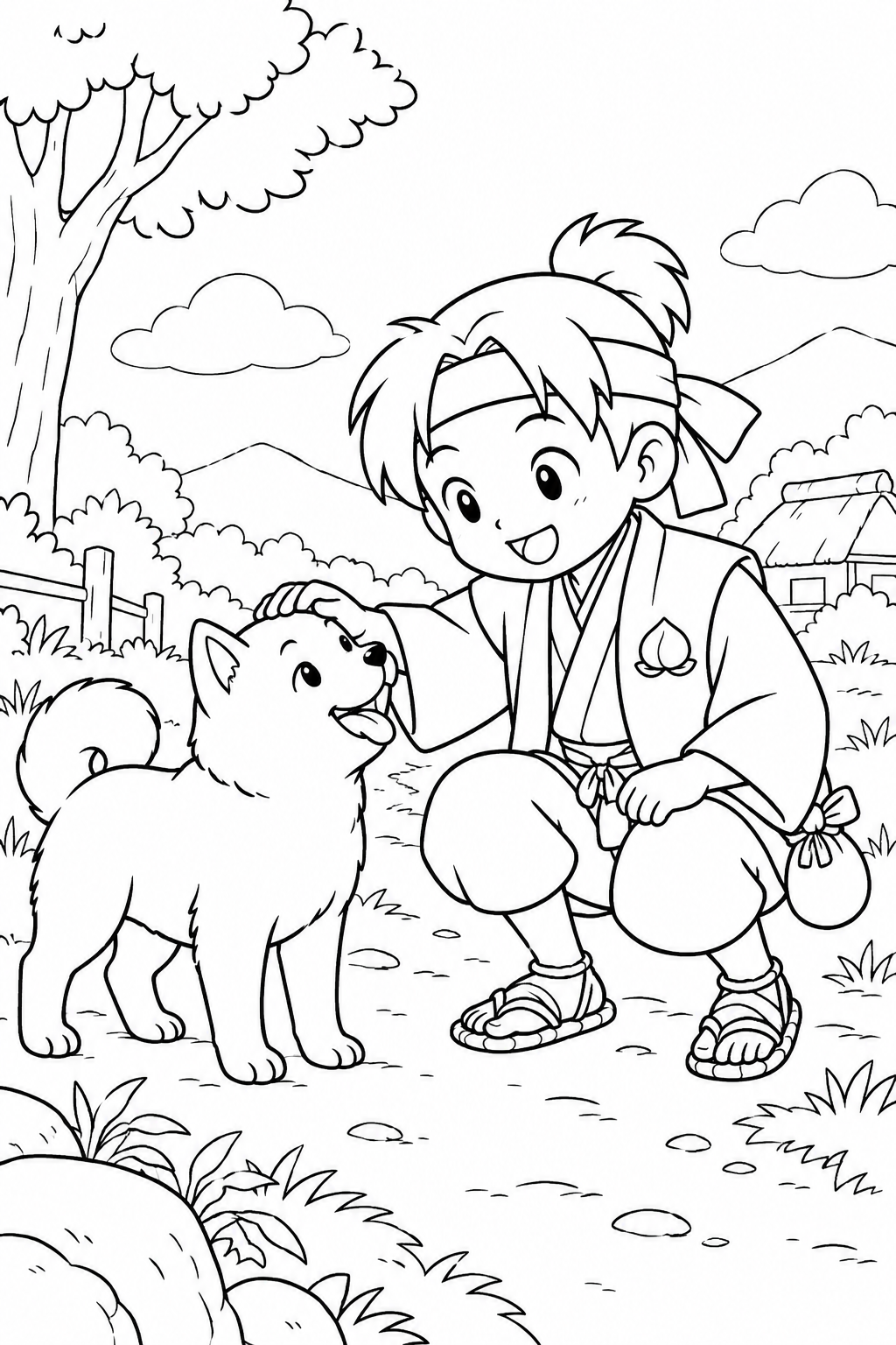 ほっこり桃太郎:桃太郎と犬の出会いの塗り絵