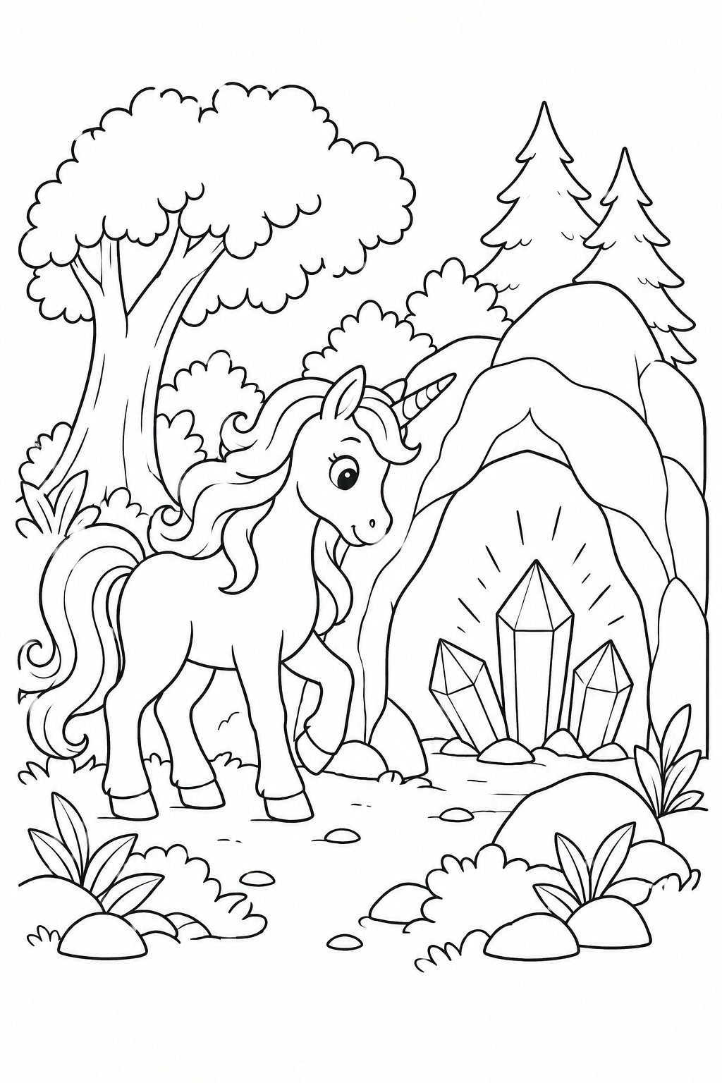 森のユニコーンと水晶の洞窟の塗り絵