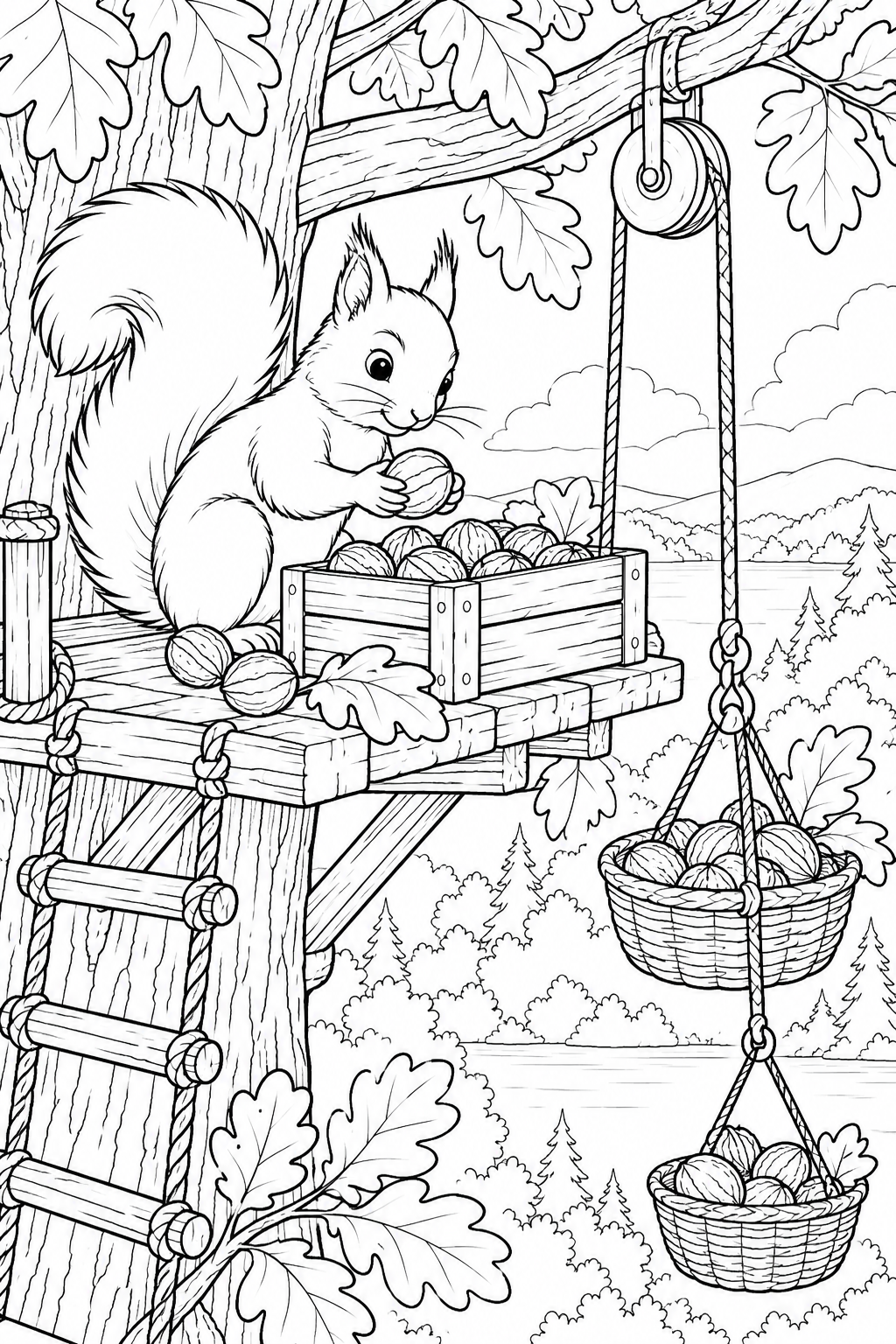 夏のりすの木の実倉庫の塗り絵