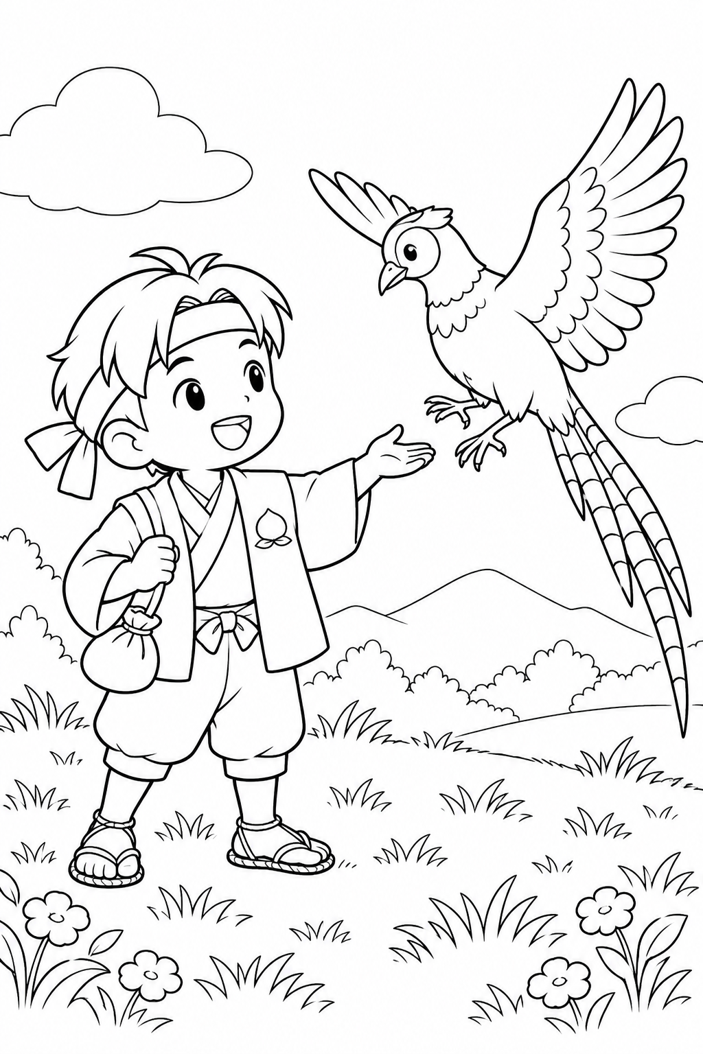 Dibujo de Momotaro entrañable:Momotaro conoce al faisán para colorear
