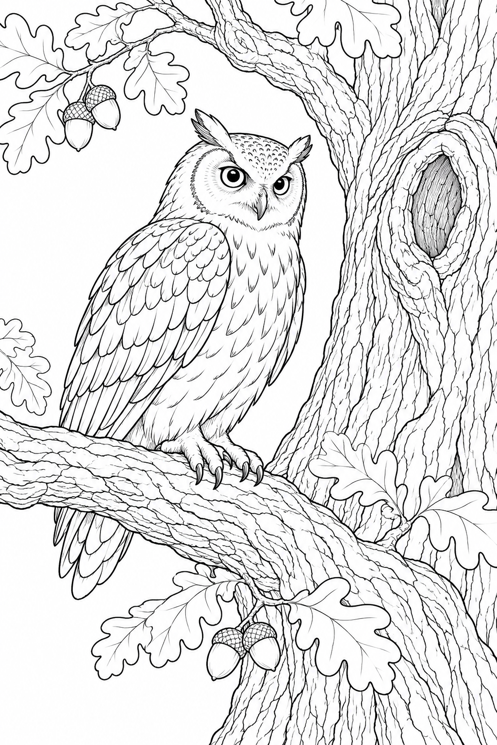 観察スケッチ：フクロウと古いオークの塗り絵