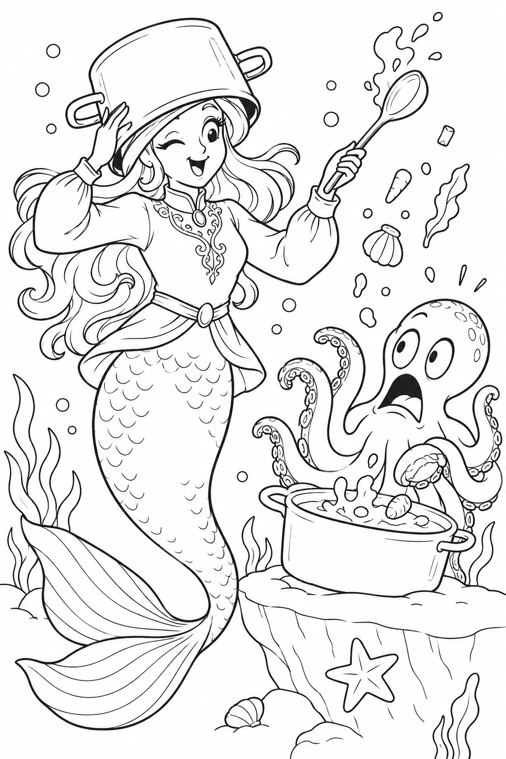 人魚姫:お鍋をかぶった料理番の塗り絵