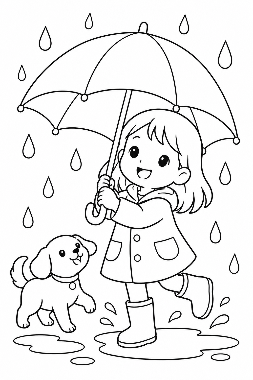 傘と雨つぶの塗り絵