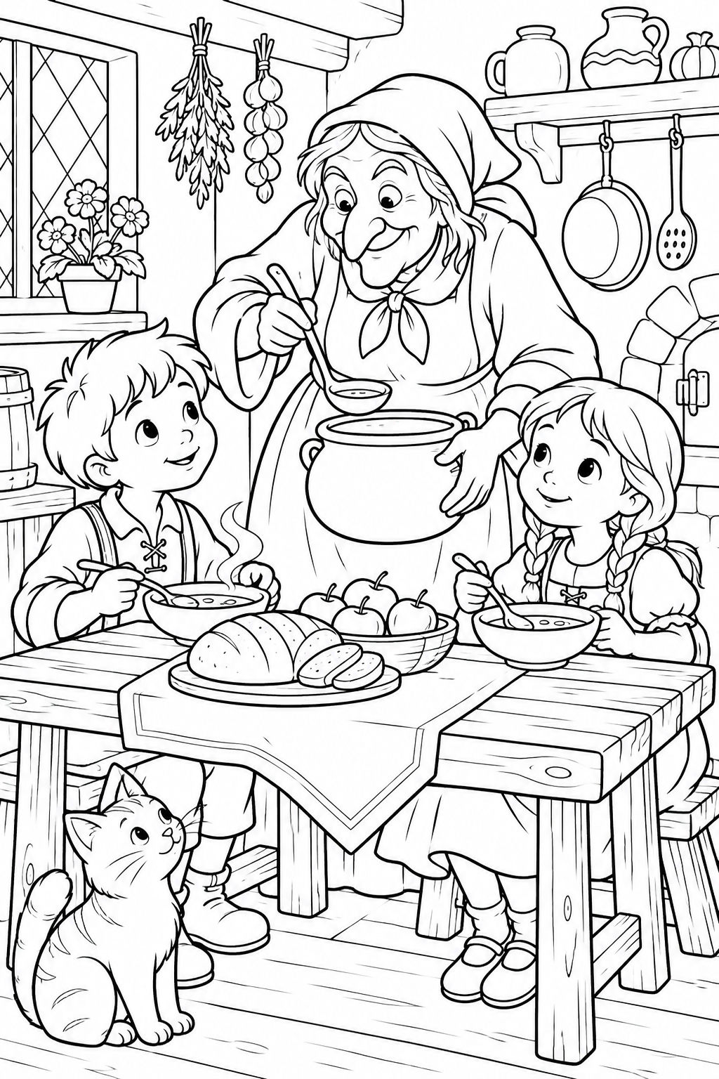 Hansel and Gretel:Supper in the witch's kitchen(Cozy) coloring page