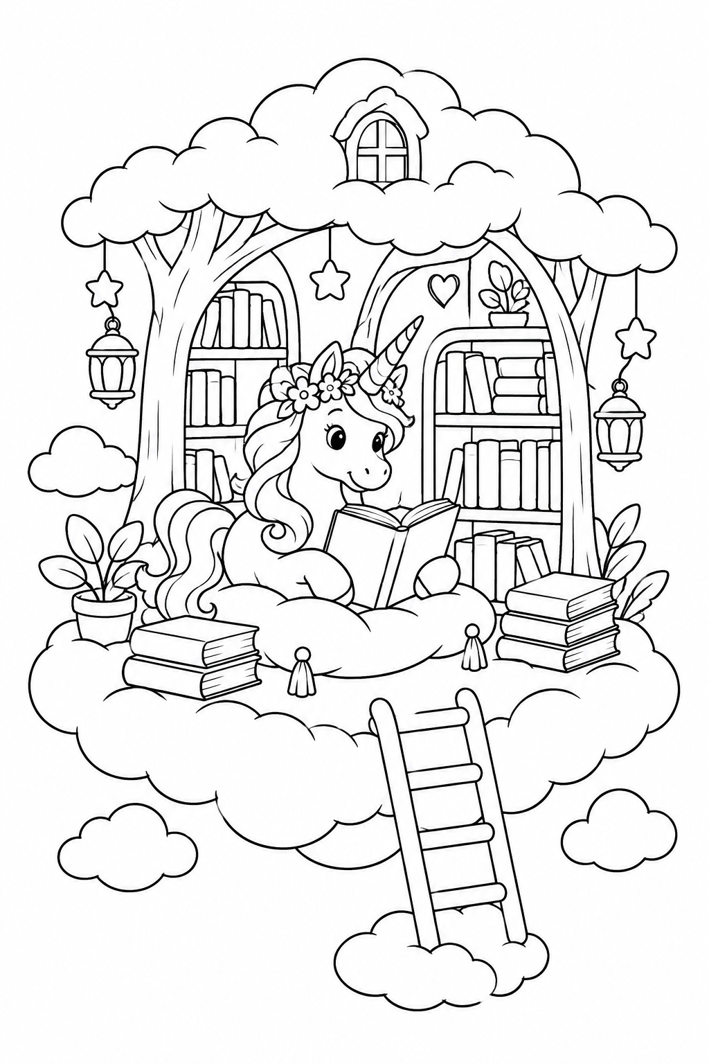 Desenho de O unicórnio da floresta e a biblioteca nas nuvens para colorir