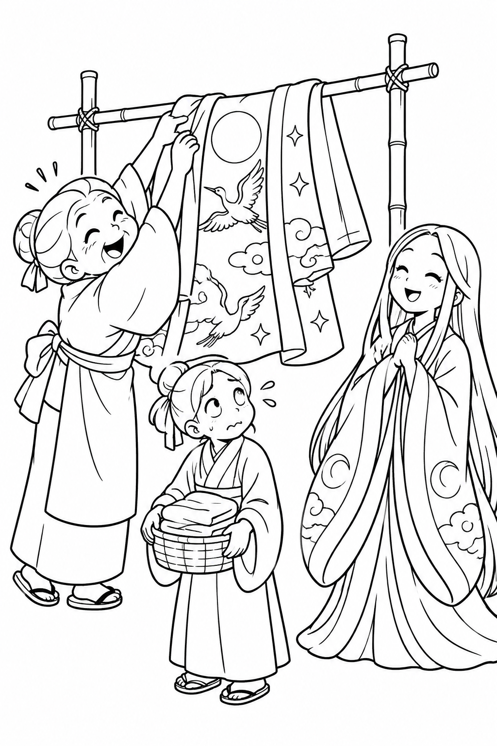 かぐや姫の羽衣を干すおばあさんの塗り絵