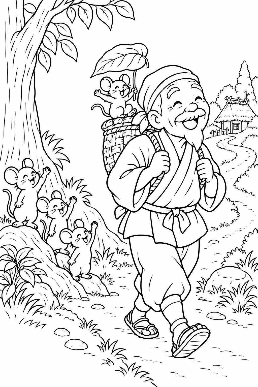 おむすびころりん・ギャグ:小さなつづらを背負っての塗り絵