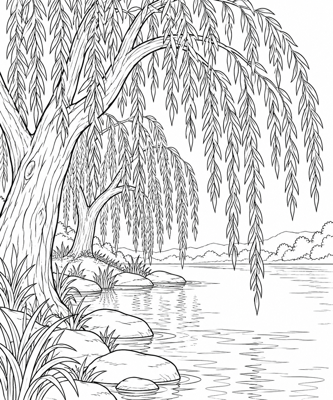 Dibujo de Estudio de naturaleza: Sauces llorones junto al agua para colorear