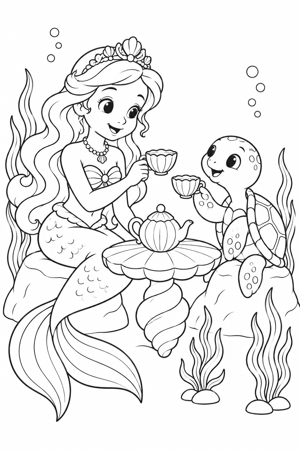 人魚姫：ウミガメと貝のお茶会の塗り絵