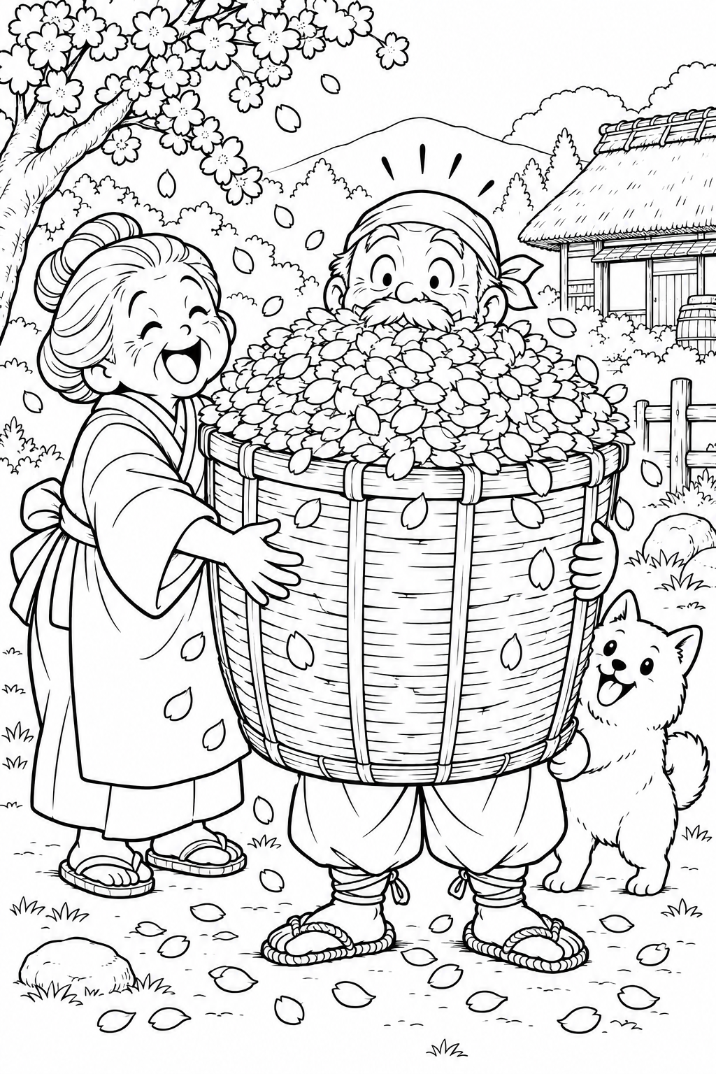 はなさかおじさん:顔しか見えない花びらかご(ギャグ)の塗り絵