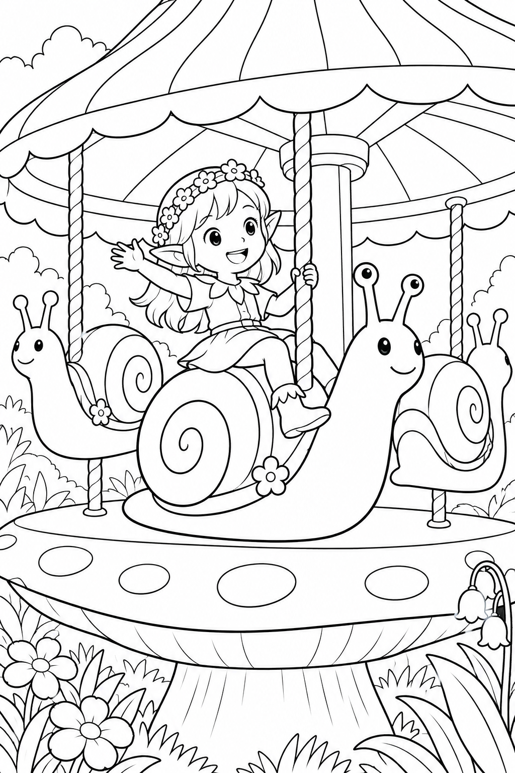 カタツムリのメリーゴーランドの塗り絵