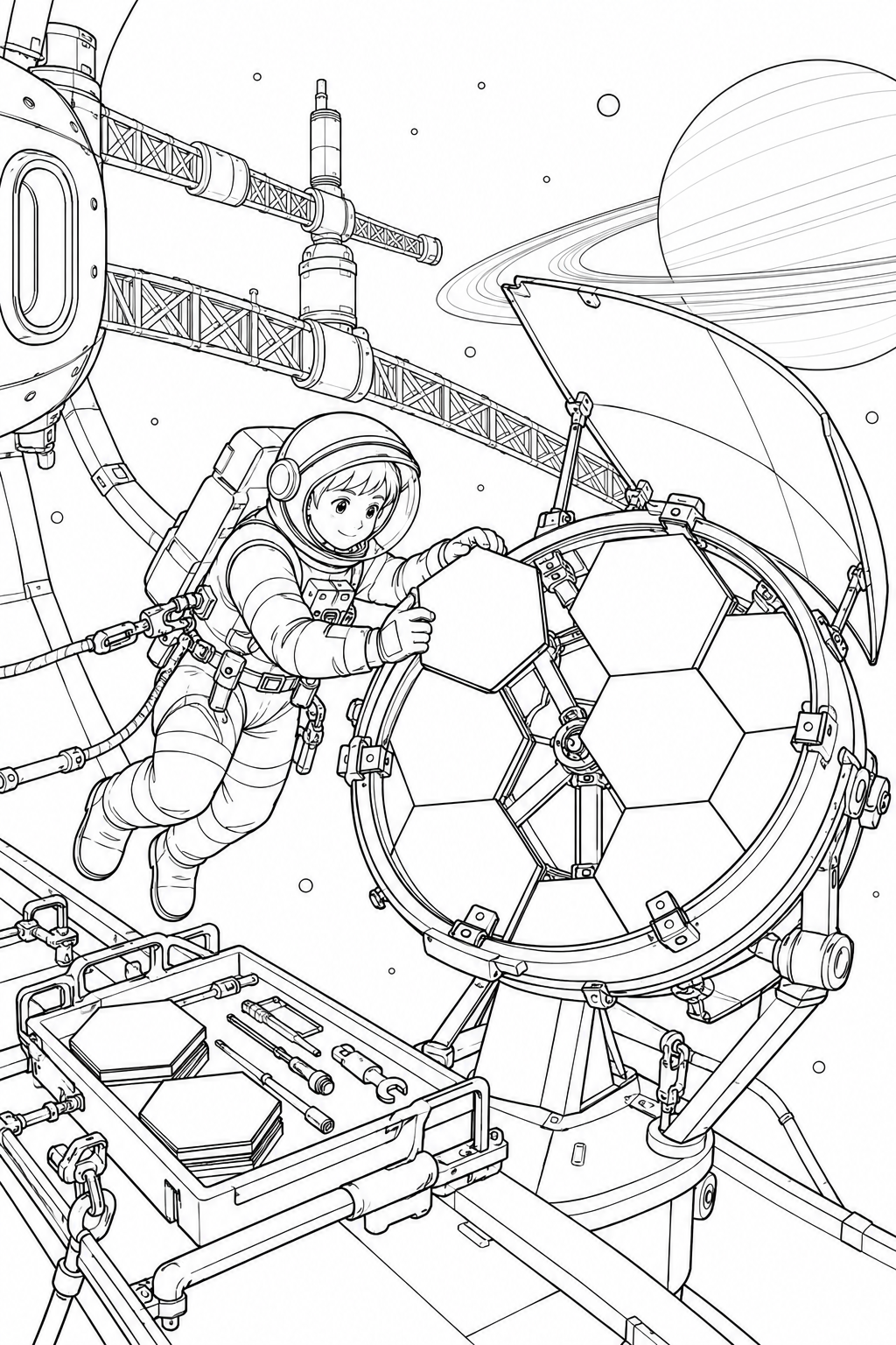 環のある惑星の軌道基地:組み立て中の望遠鏡の塗り絵