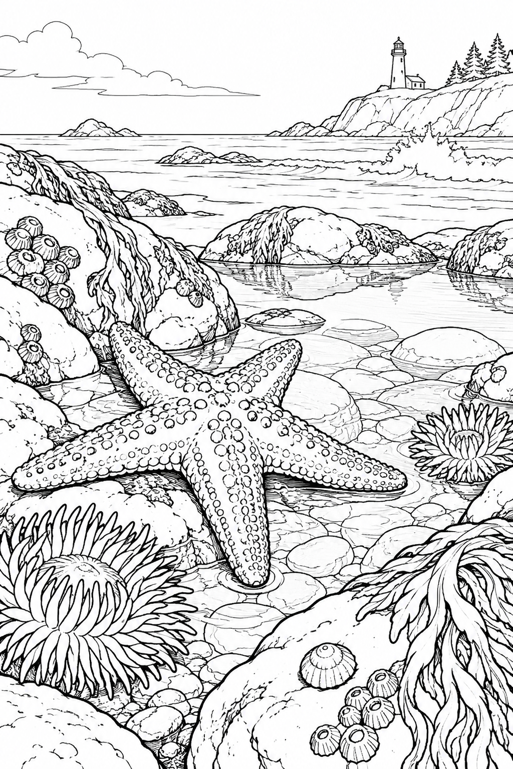 自然のひとこま：ヒトデと潮だまりの塗り絵