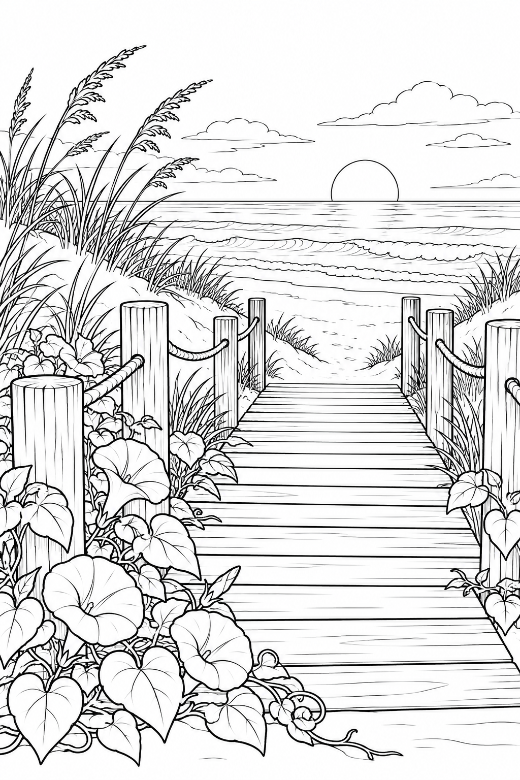砂浜に続く木道と浜昼顔の塗り絵