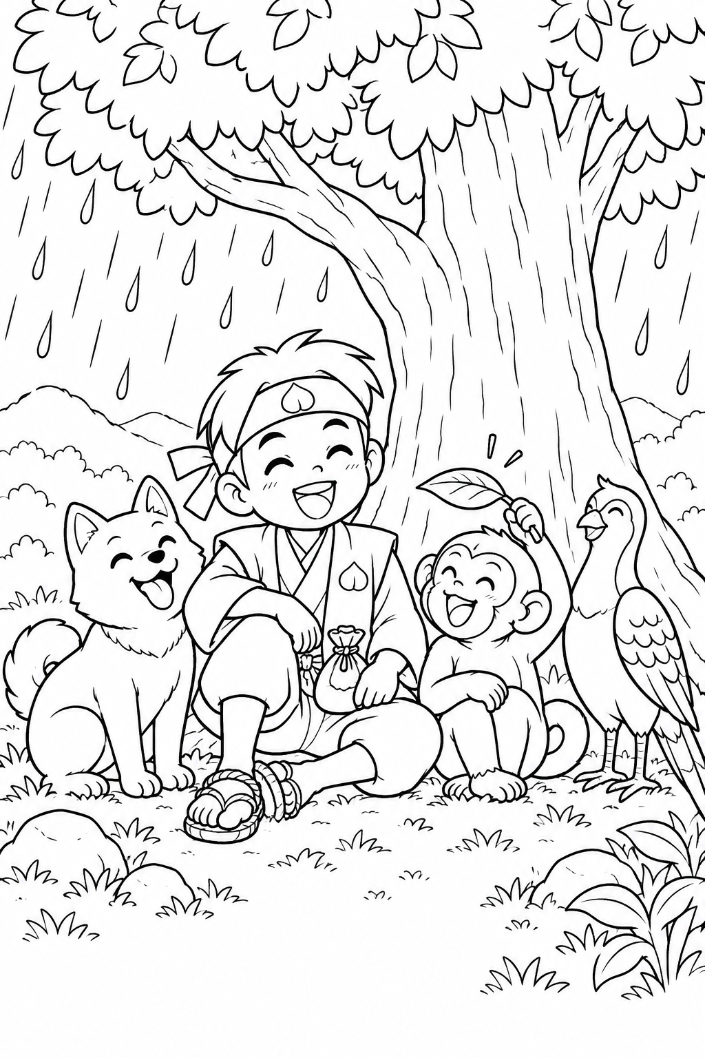 Dibujo de Momotaro cómico:Momotaro y sus amigos se refugian de la lluvia para colorear