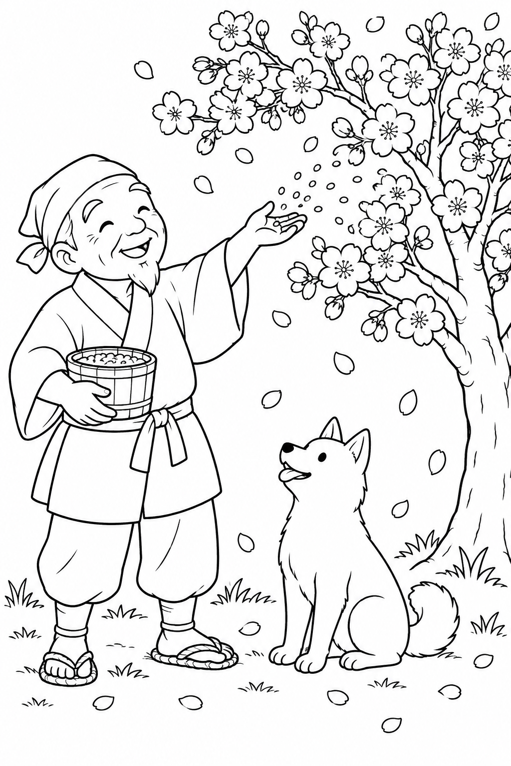 はなさかおじさん：桜を咲かせるひとふり（ほっこり）の塗り絵