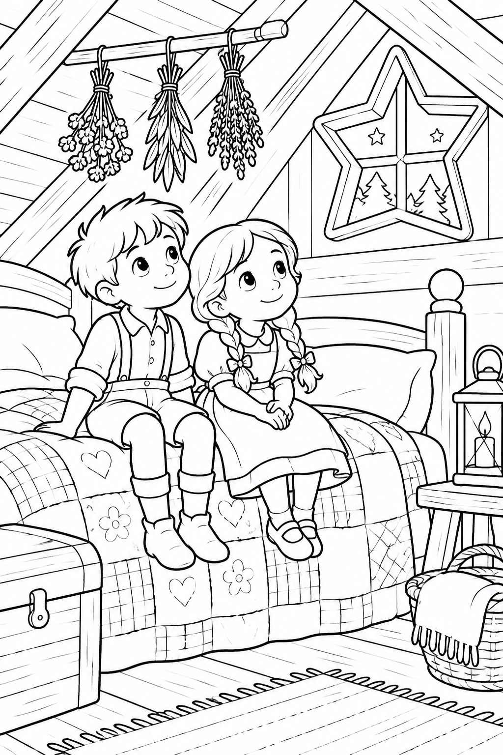Hansel and Gretel:A cozy bed in the attic(Cozy) coloring page