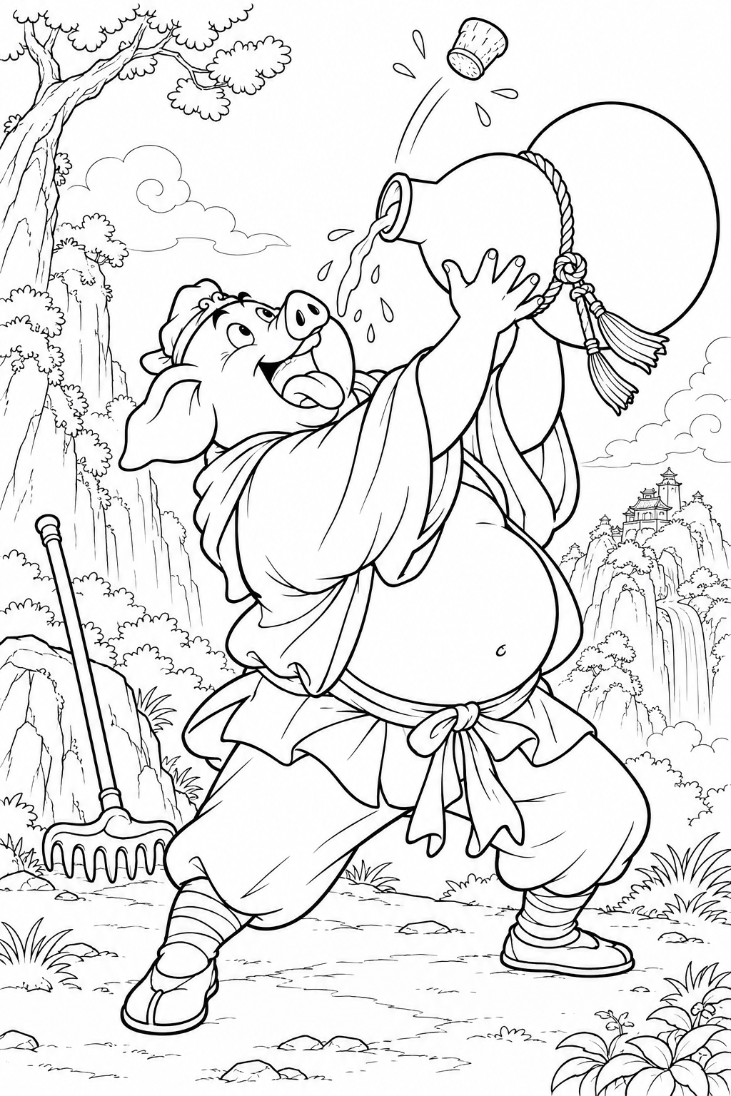 Coloriage La Pérégrination vers l’Ouest comique：Bajie et la gourde
