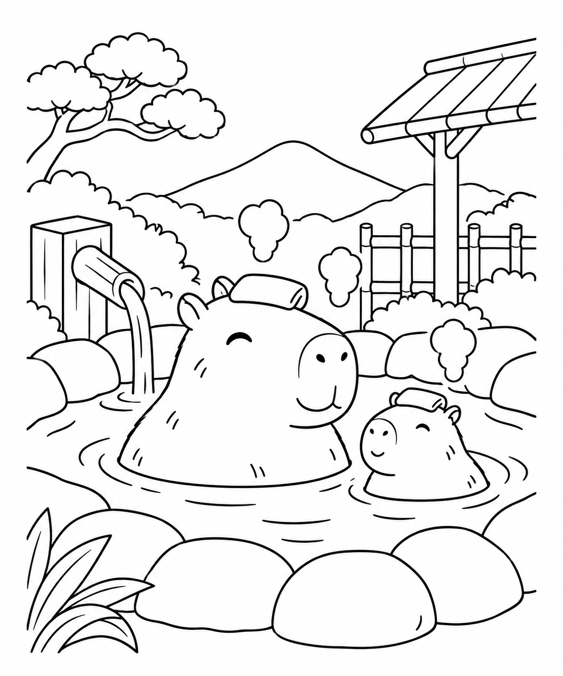 Dibujo de Capibara y aguas termales para colorear
