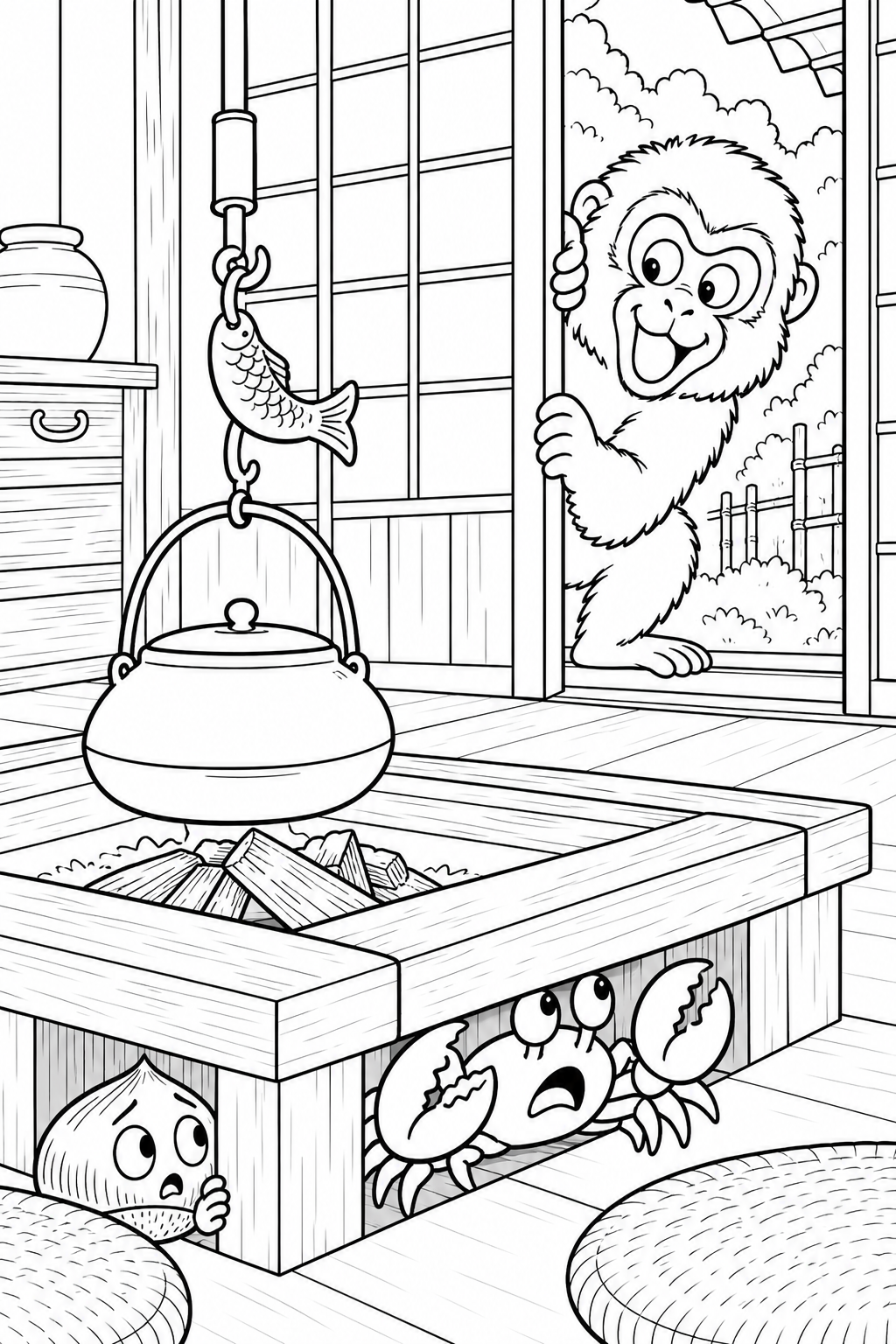 さるかに合戦 ギャグ:囲炉裏にかくれる栗の塗り絵