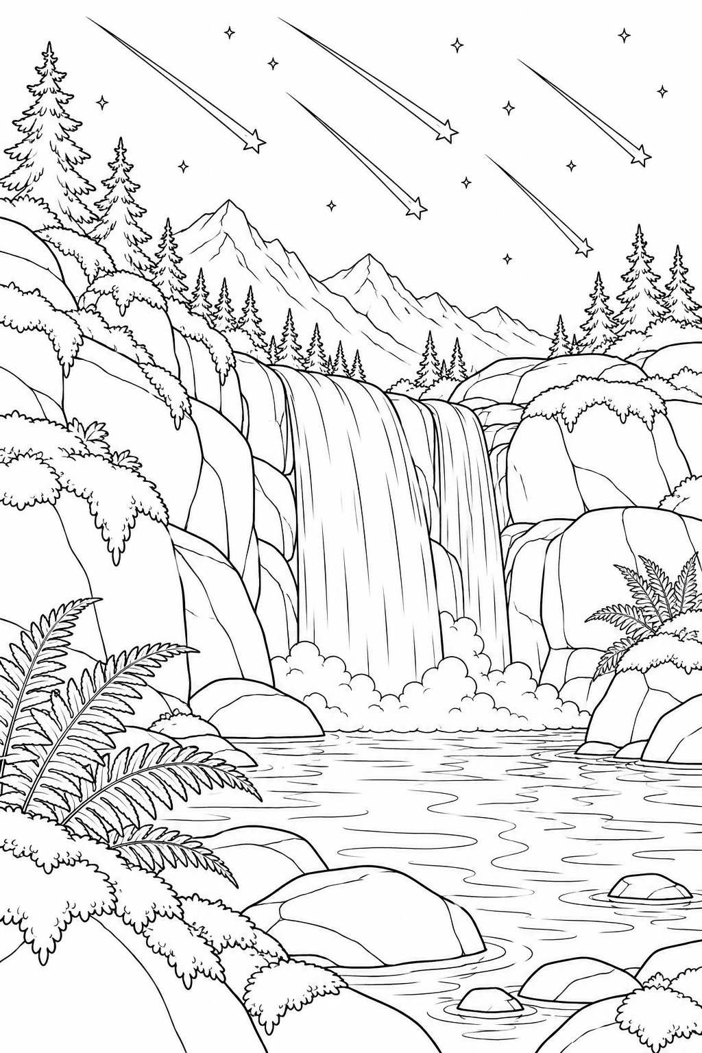 苔むした滝壺と流星群の塗り絵