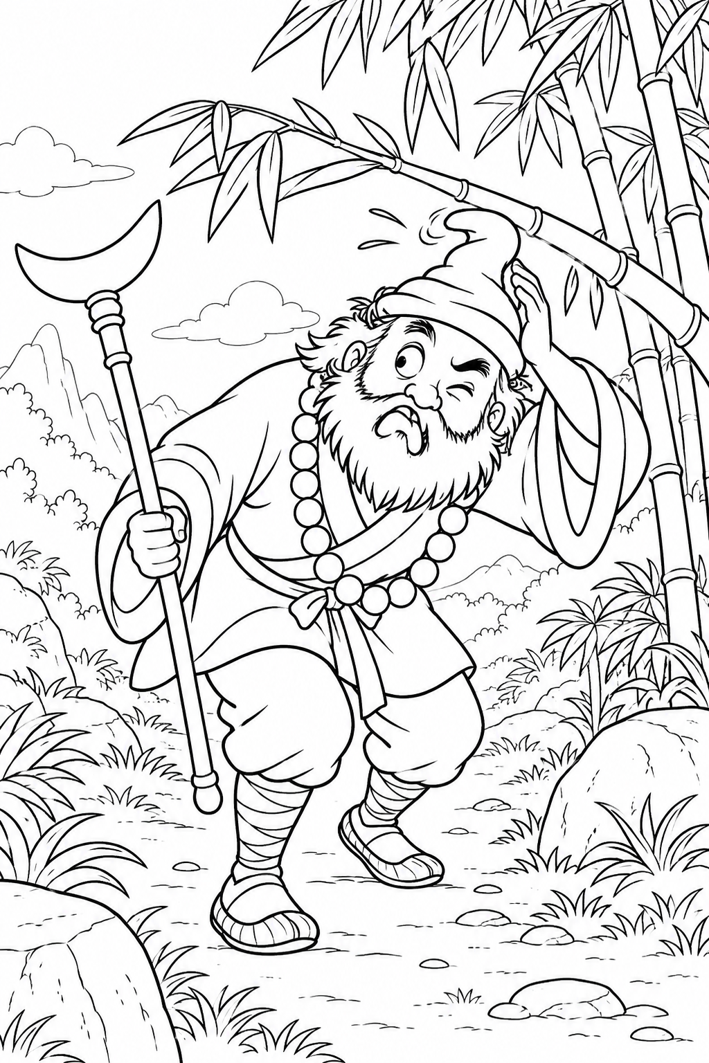 Dibujo de Viaje al Oeste cómico：Wujing y el bosque de bambú para colorear