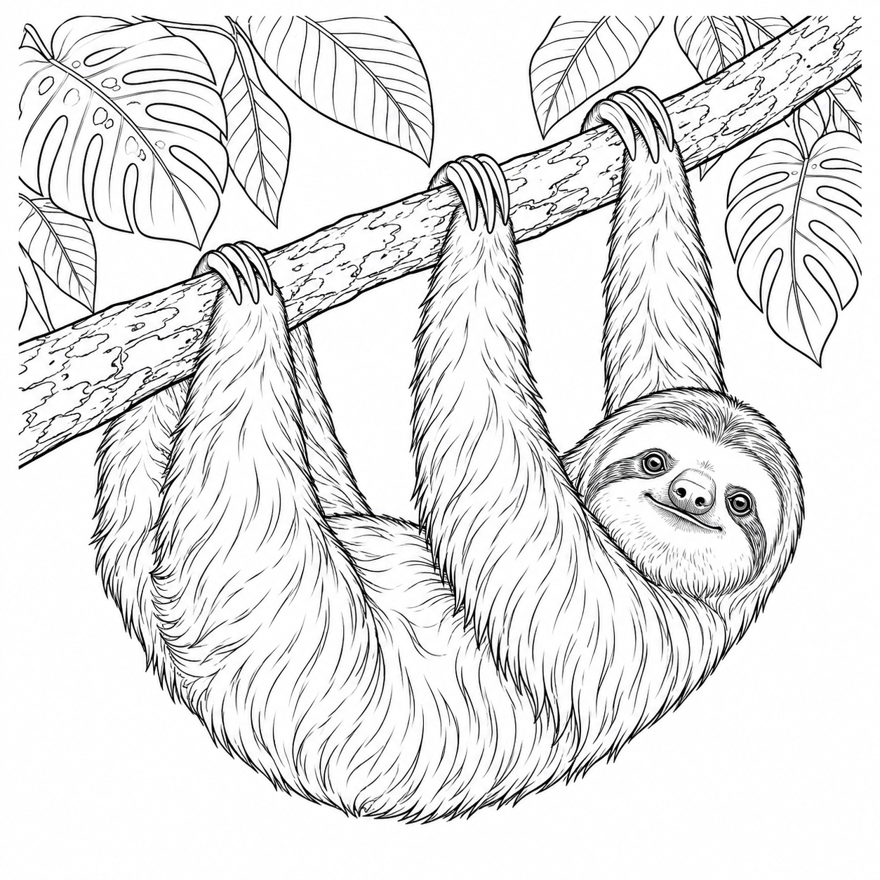 Desenho de Preguiça descansando entre galhos para colorir