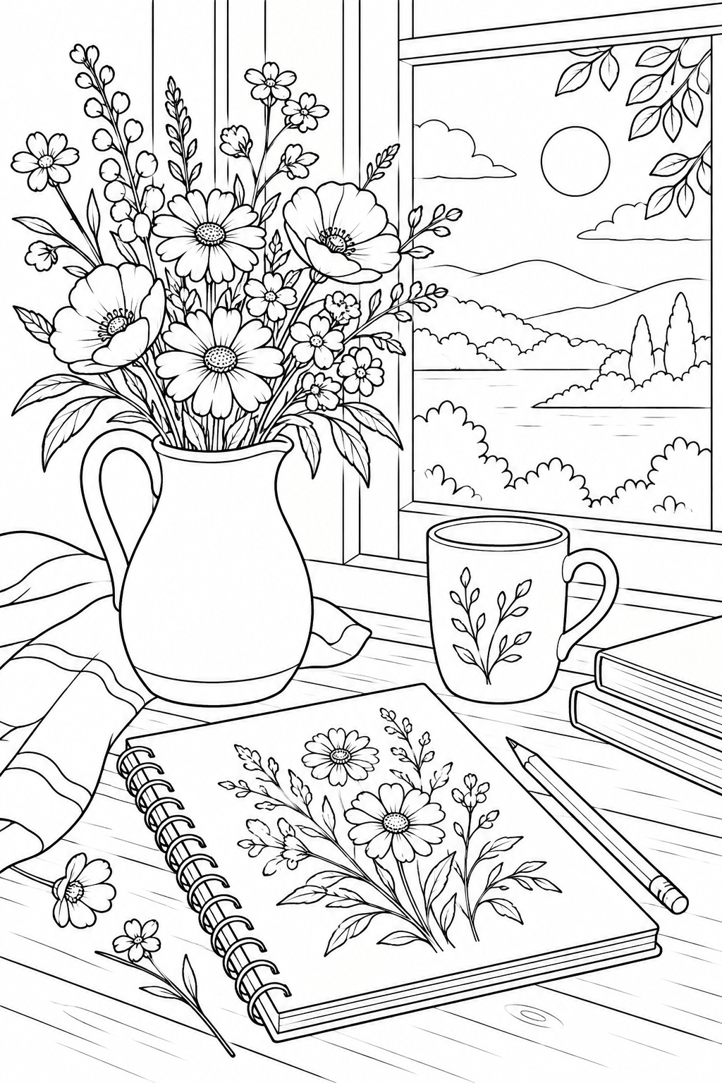 窓辺のスケッチブックと野の花の塗り絵