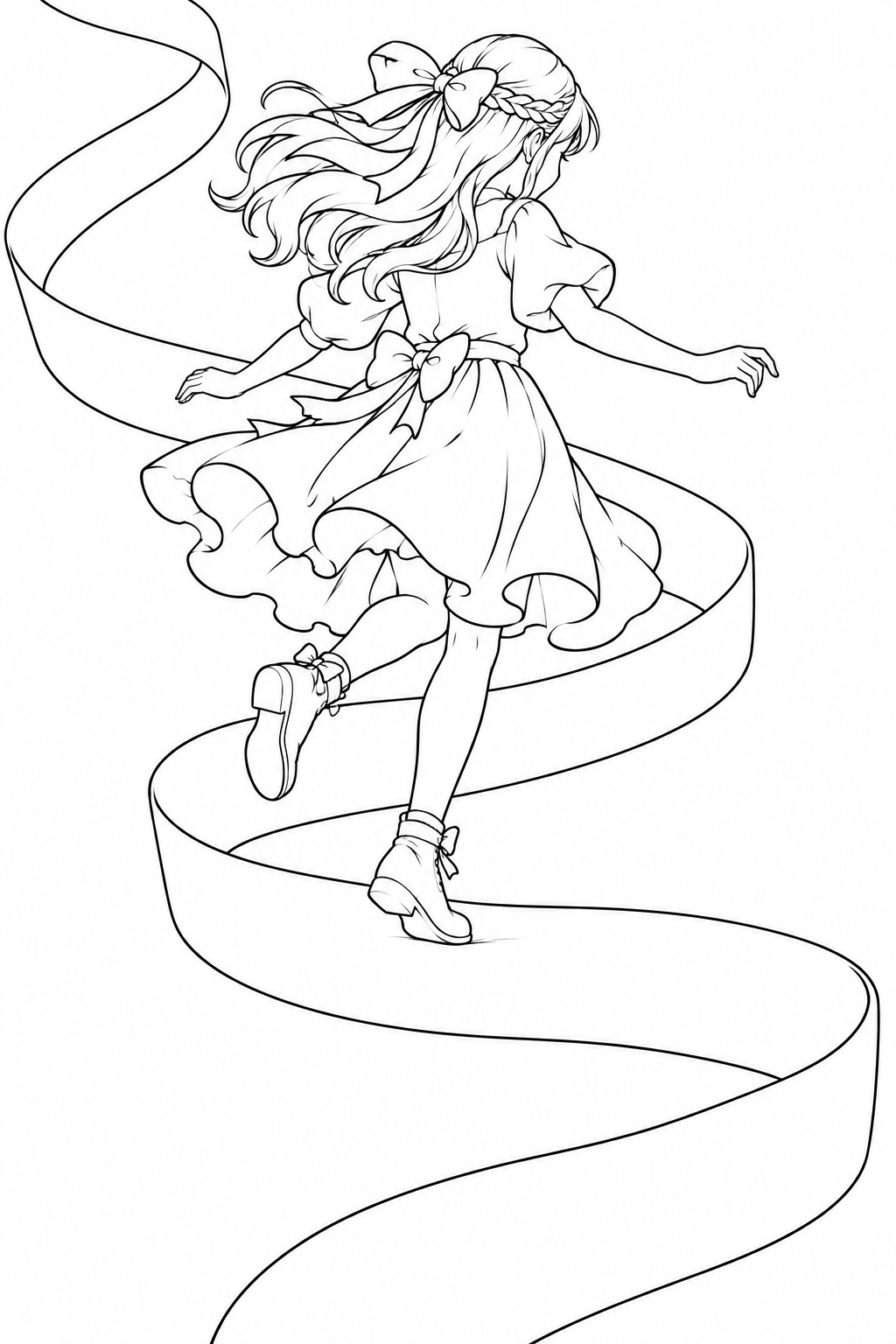 風の階段を駆け下りる少女の塗り絵