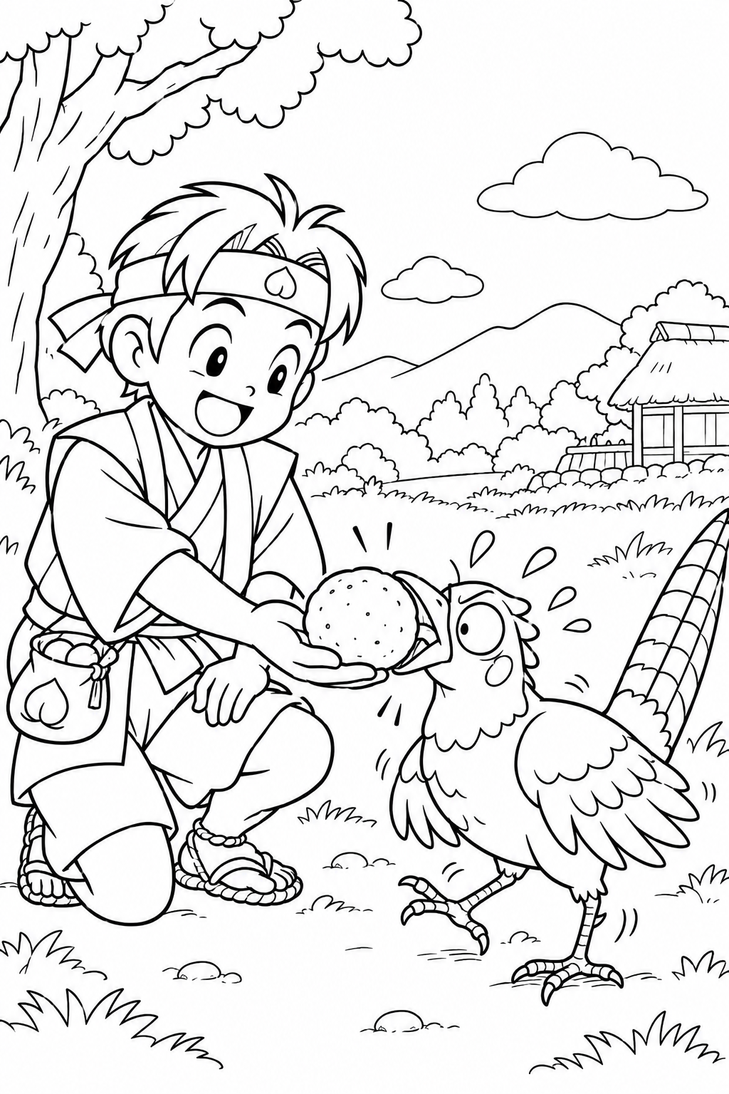 ギャグ桃太郎：雉にきびだんごをどうぞの塗り絵