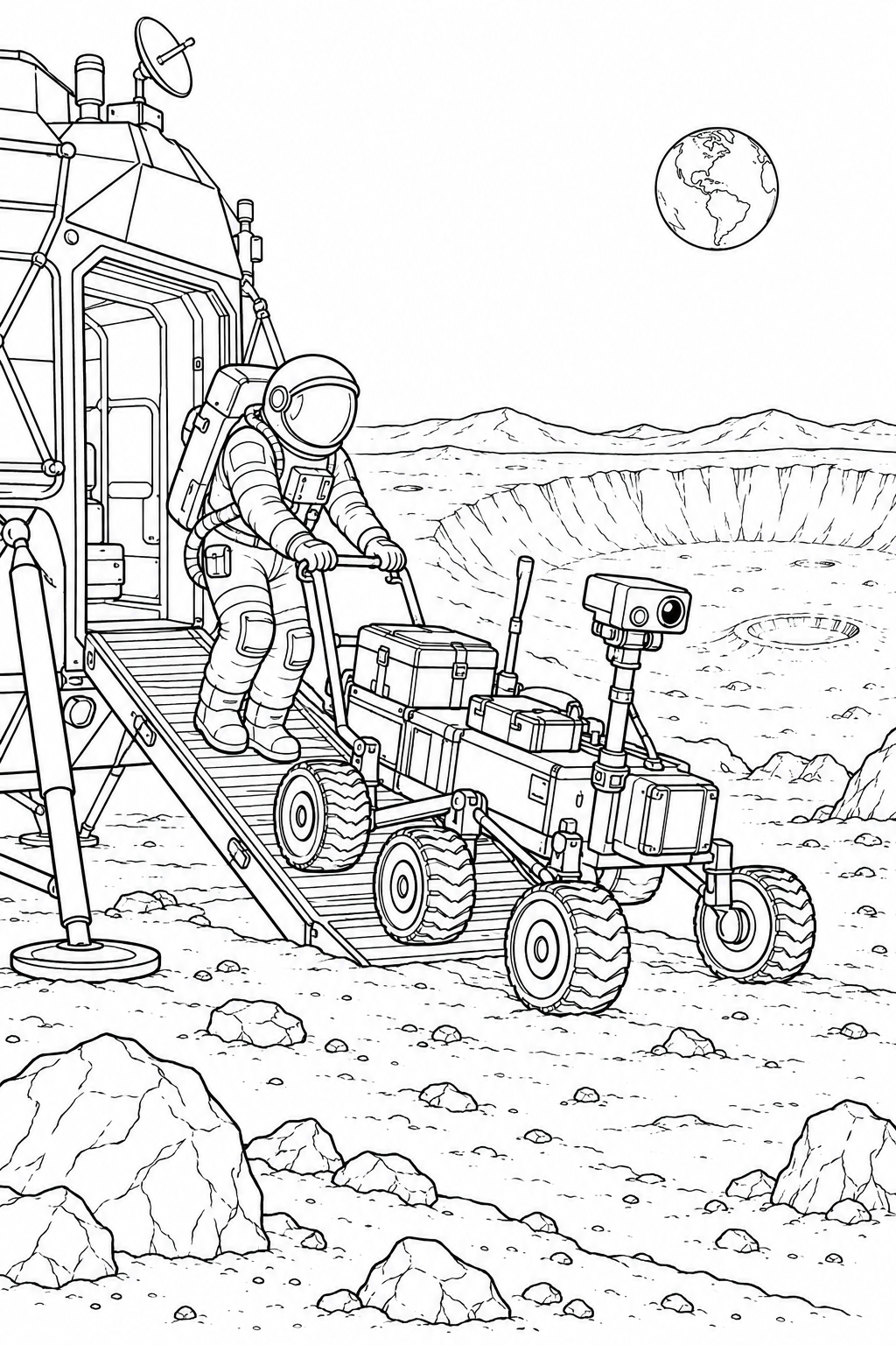 Coloriage Base du cratère lunaire: Préparation du véhicule d’exploration